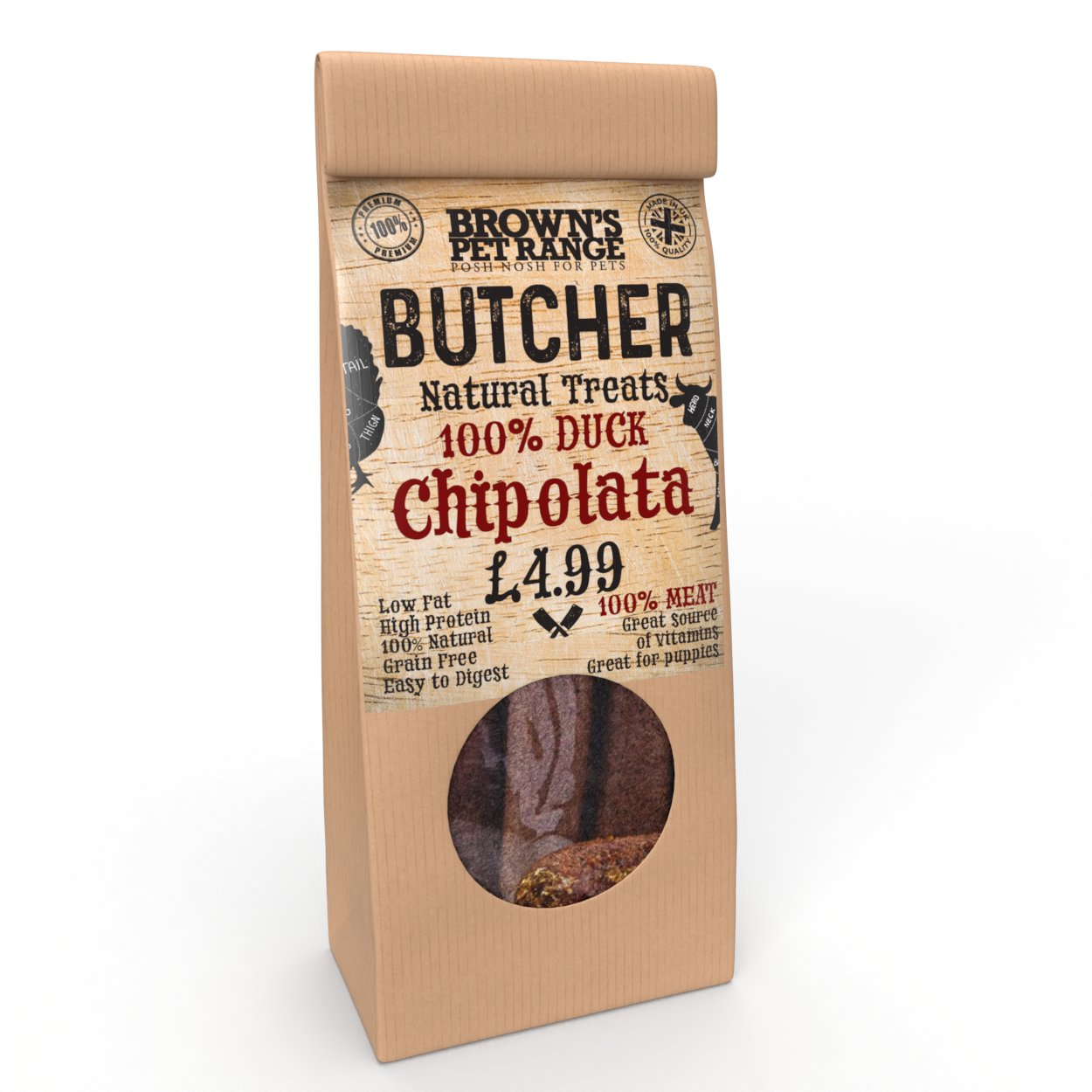 100% Duck Meat Butchers Chipolata Sausages x5 | Brown's Natural Dog Treats - BROWNS PET RANGE