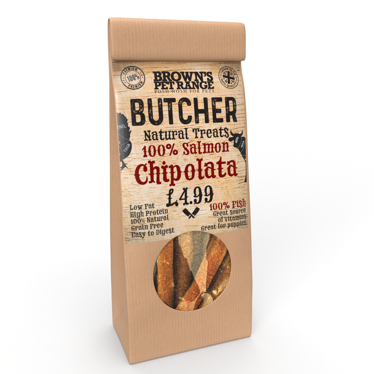 100% Salmon Fish Butchers Chipolata Sausages x5 | Brown's Natural Dog Treats - BROWNS PET RANGE
