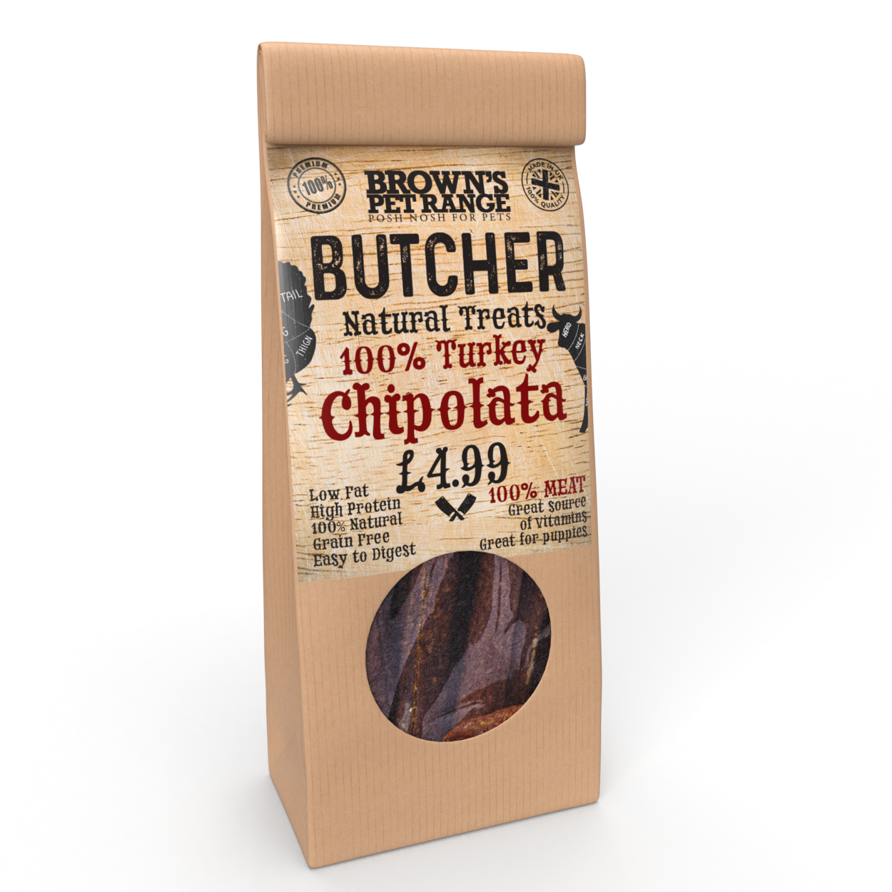 100% Turkey Meat Butchers Chipolata Sausages x5 | Brown's Natural Dog Treats - BROWNS PET RANGE